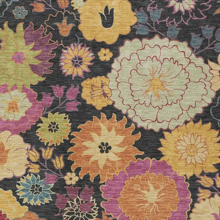 Black Gold And Pink Floral Washable Indoor Outdoor Area Rug Photo 8