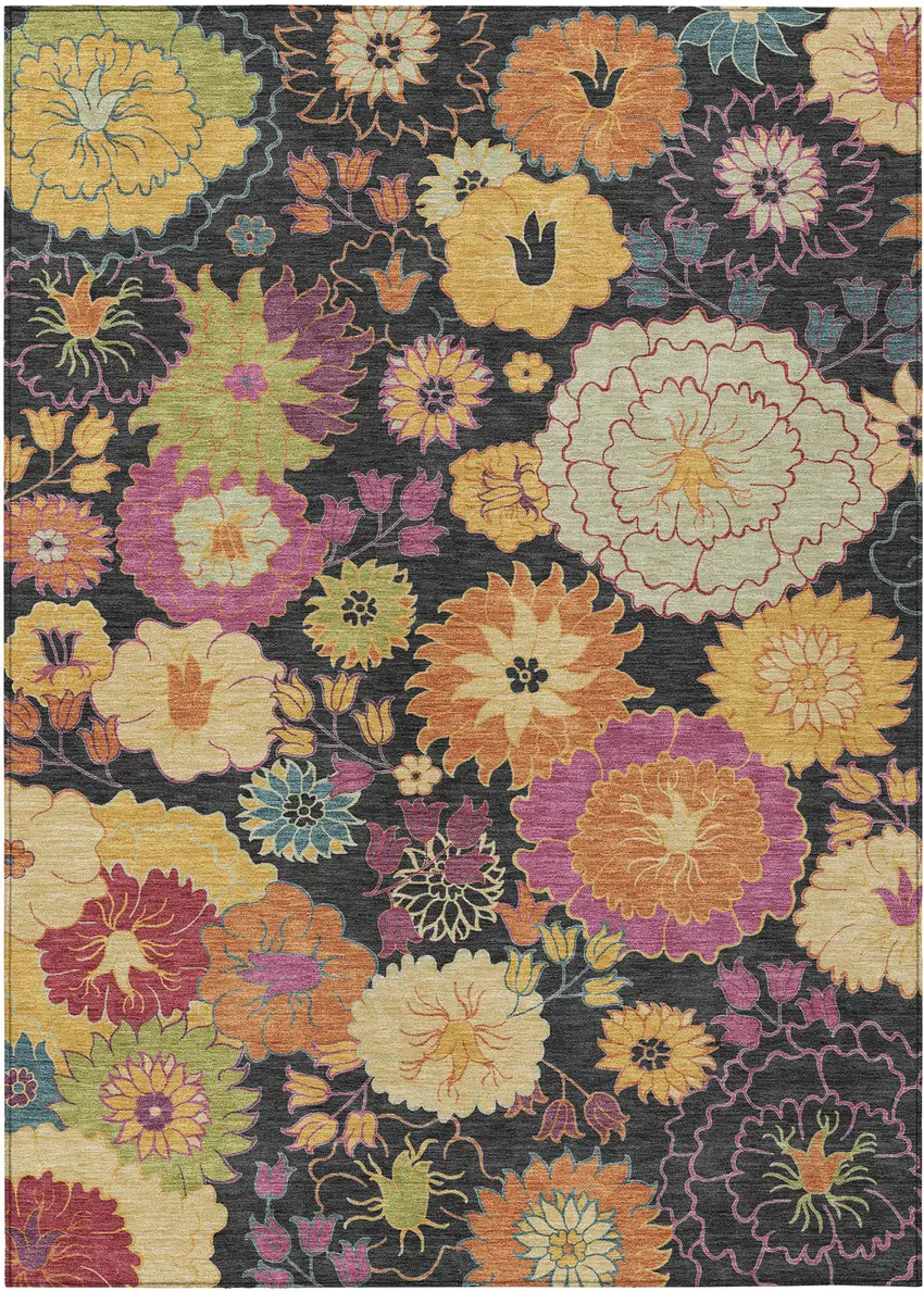 Black Gold And Pink Floral Washable Indoor Outdoor Area Rug Photo 2