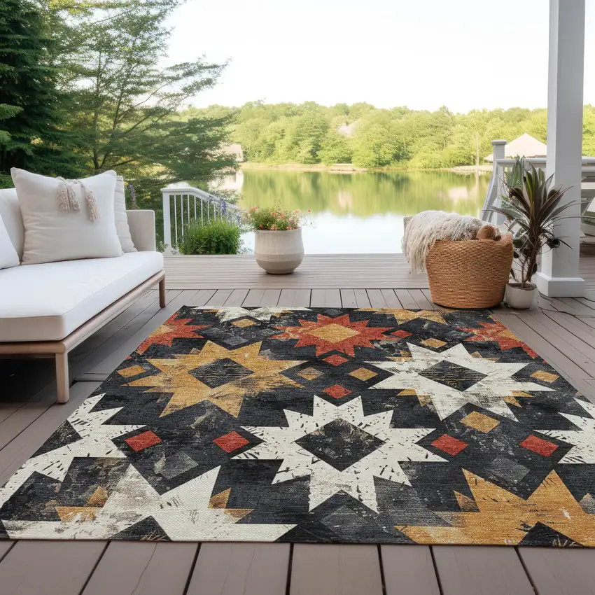 Black Gold And Rust Aztec Washable Indoor Outdoor Area Rug Photo 5