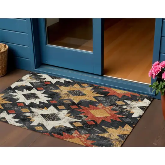 Black Gold And Rust Aztec Washable Indoor Outdoor Area Rug Photo 2