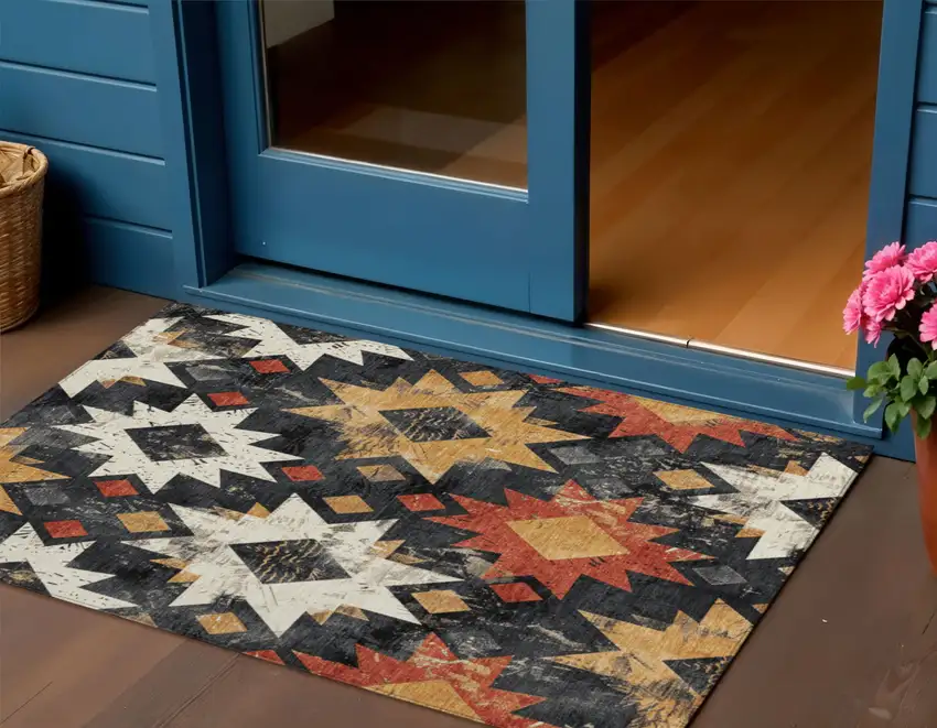 Black Gold And Rust Aztec Washable Indoor Outdoor Area Rug Photo 2