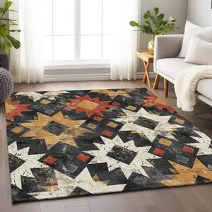 Photo of Black Gold And Rust Aztec Washable Indoor Outdoor Area Rug