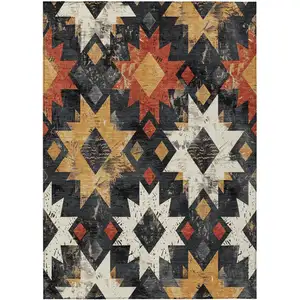 Photo of Black Gold And Rust Aztec Washable Indoor Outdoor Area Rug