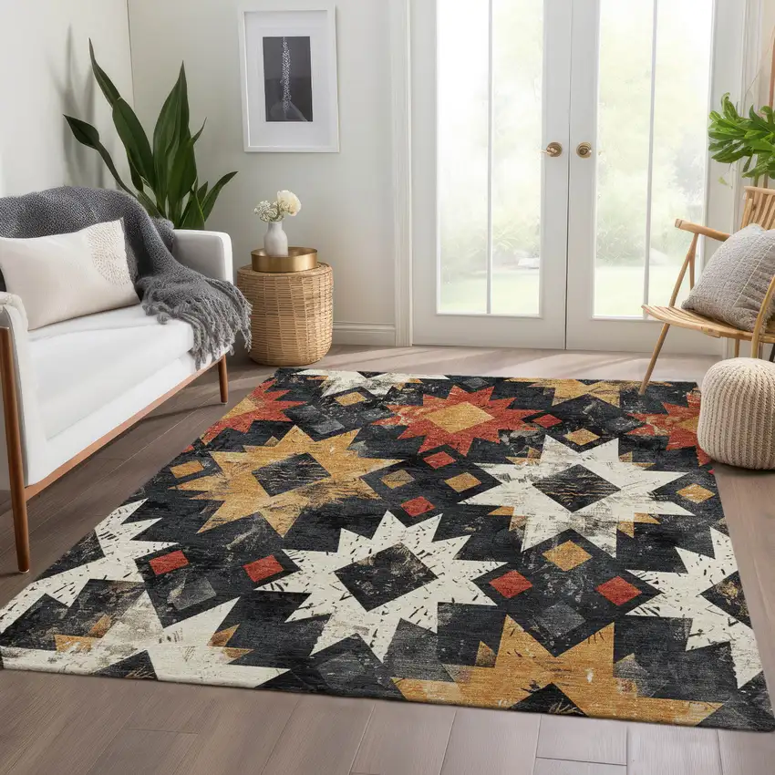 Black Gold And Rust Aztec Washable Indoor Outdoor Area Rug Photo 7