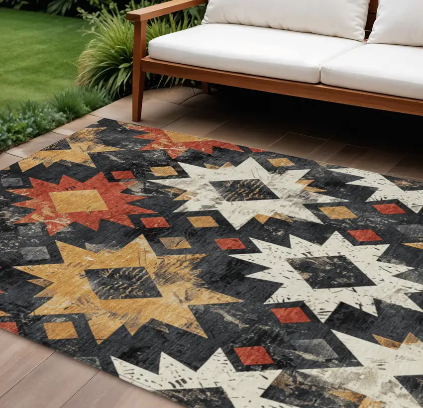 Black Gold And Rust Aztec Washable Indoor Outdoor Area Rug Photo 2