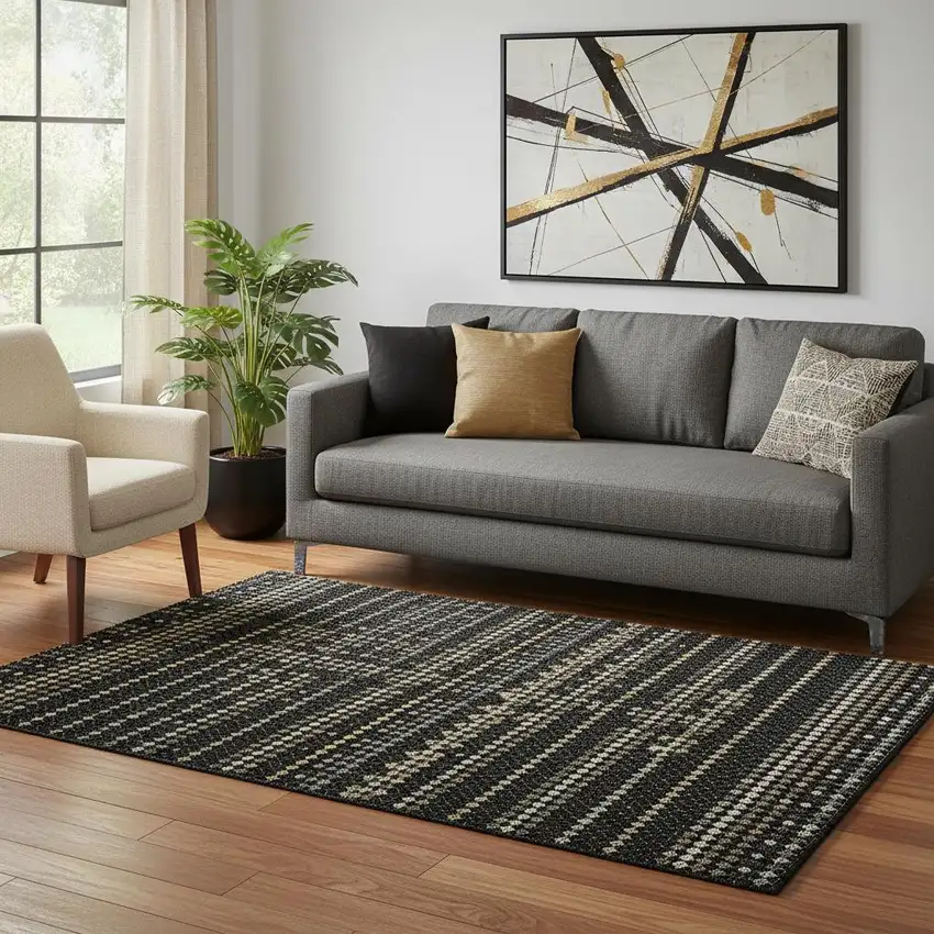 Black Gold And Silver Striped Washable Area Rug With UV Protection Photo 2