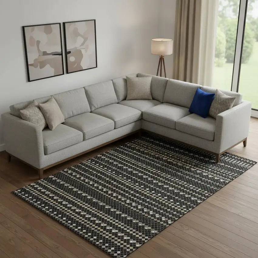 Black Gold And Silver Striped Washable Area Rug With UV Protection Photo 2