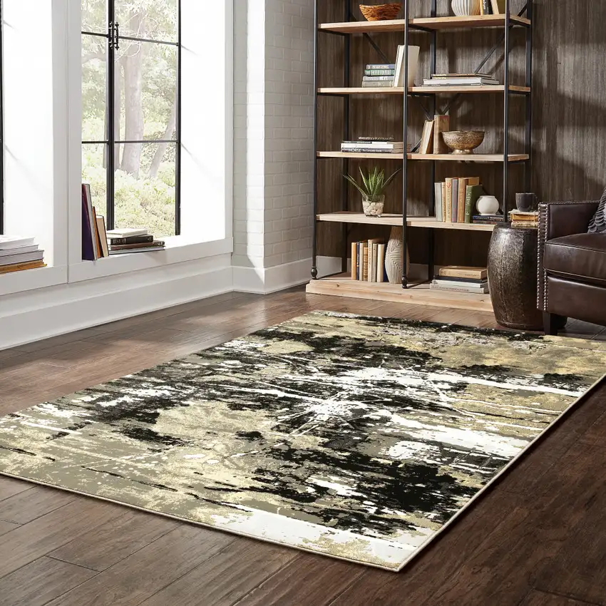 Black Gold Grey And Ivory Abstract Power Loom Stain Resistant Area Rug Photo 7