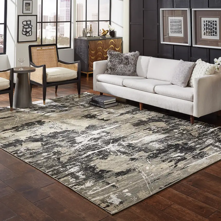 Black Gold Grey And Ivory Abstract Power Loom Stain Resistant Area Rug Photo 8