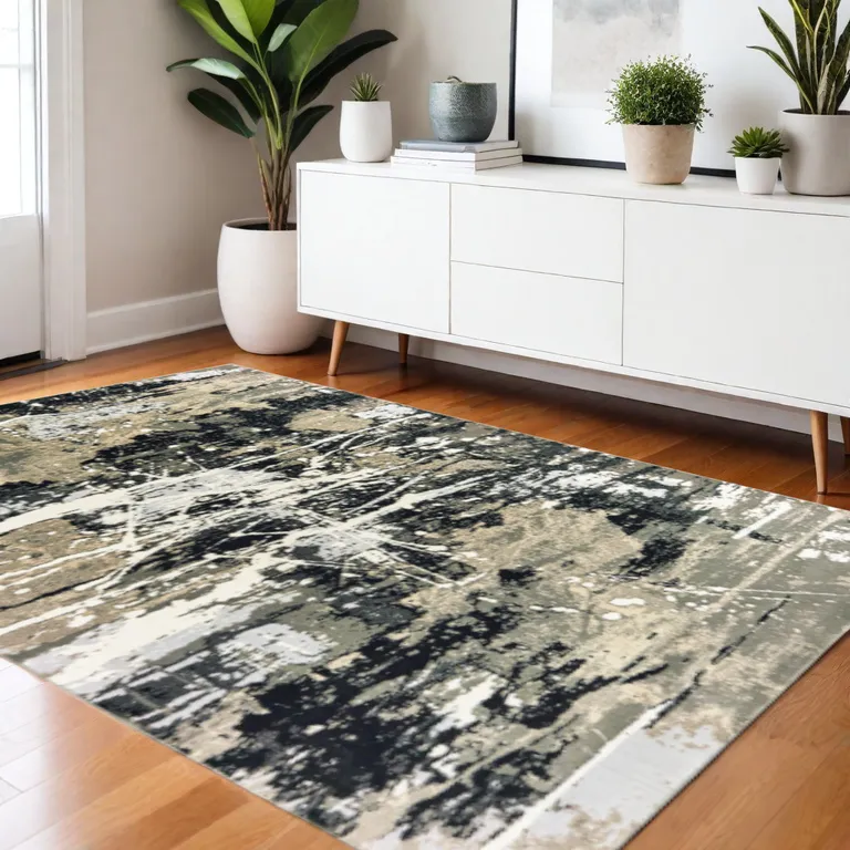 Black Gold Grey And Ivory Abstract Power Loom Stain Resistant Area Rug Photo 1