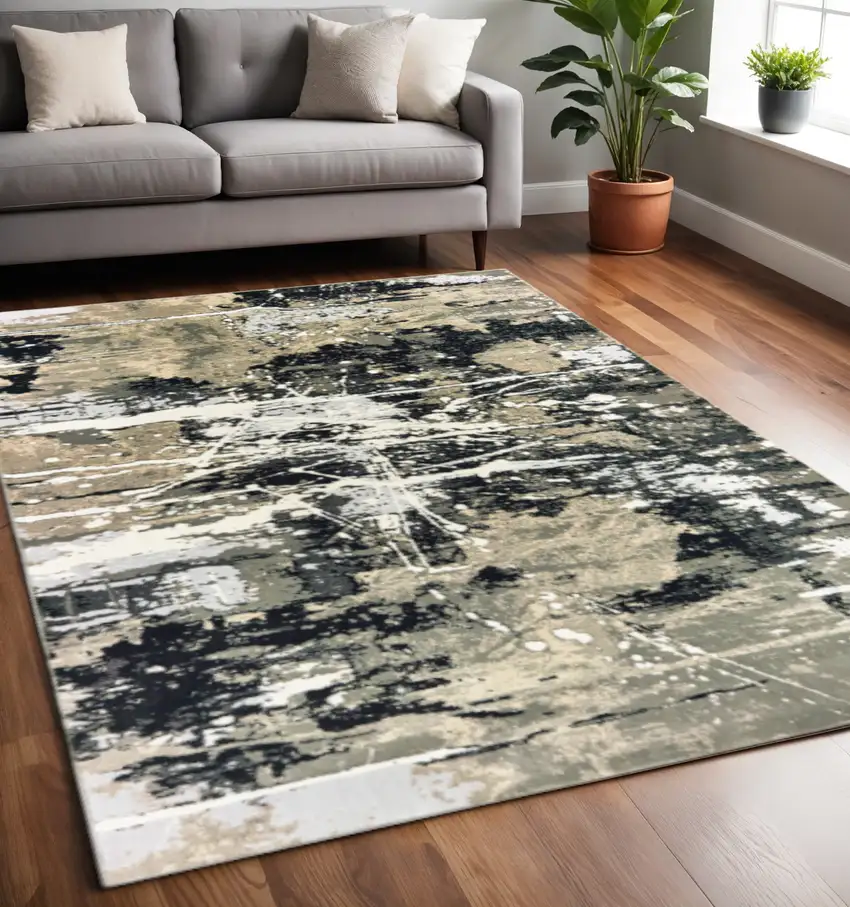 Black Gold Grey And Ivory Abstract Power Loom Stain Resistant Area Rug Photo 1