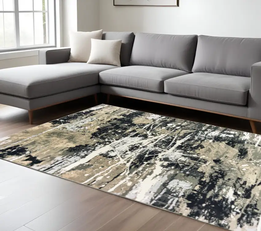 Black Gold Grey And Ivory Abstract Power Loom Stain Resistant Area Rug Photo 1