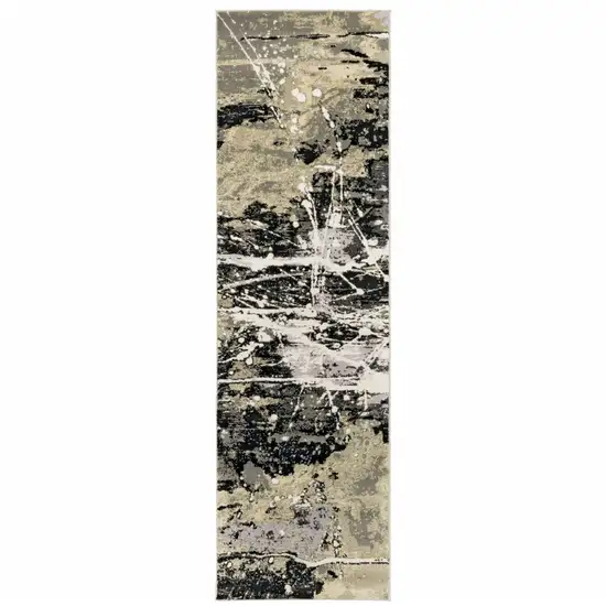 Black Gold Grey And Ivory Abstract Power Loom Stain Resistant Runner Rug Photo 1