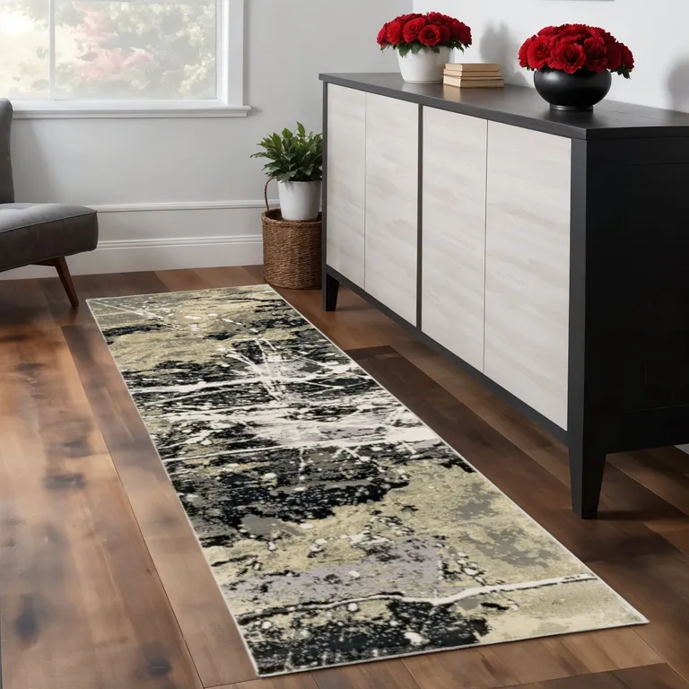 Black Gold Grey And Ivory Abstract Power Loom Stain Resistant Runner Rug Photo 1