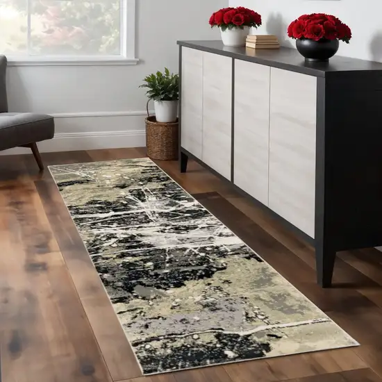 8' Black And Gold Abstract Runner Rug Photo 1