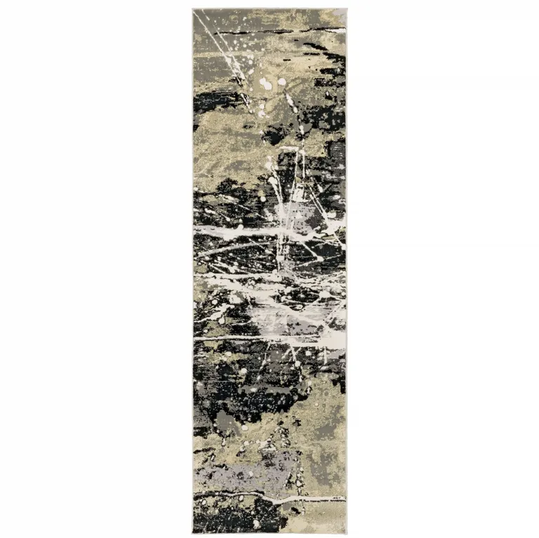Black Gold Grey And Ivory Abstract Power Loom Stain Resistant Runner Rug Photo 2