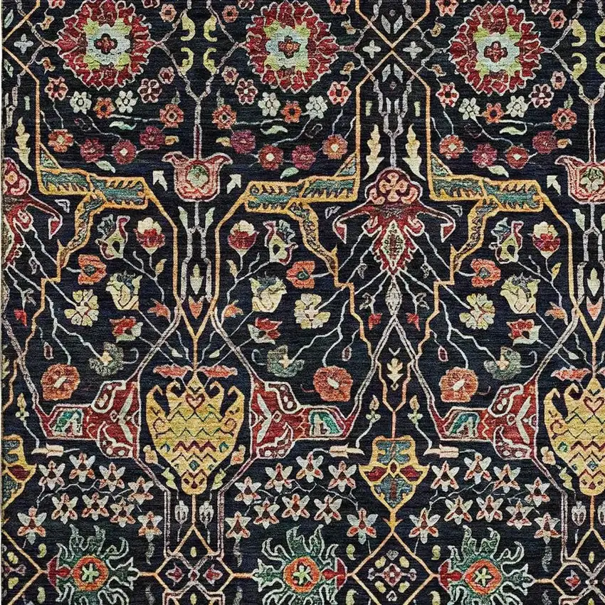 Black Gold Teal And Red Floral Washable Area Rug With UV Protection Photo 2