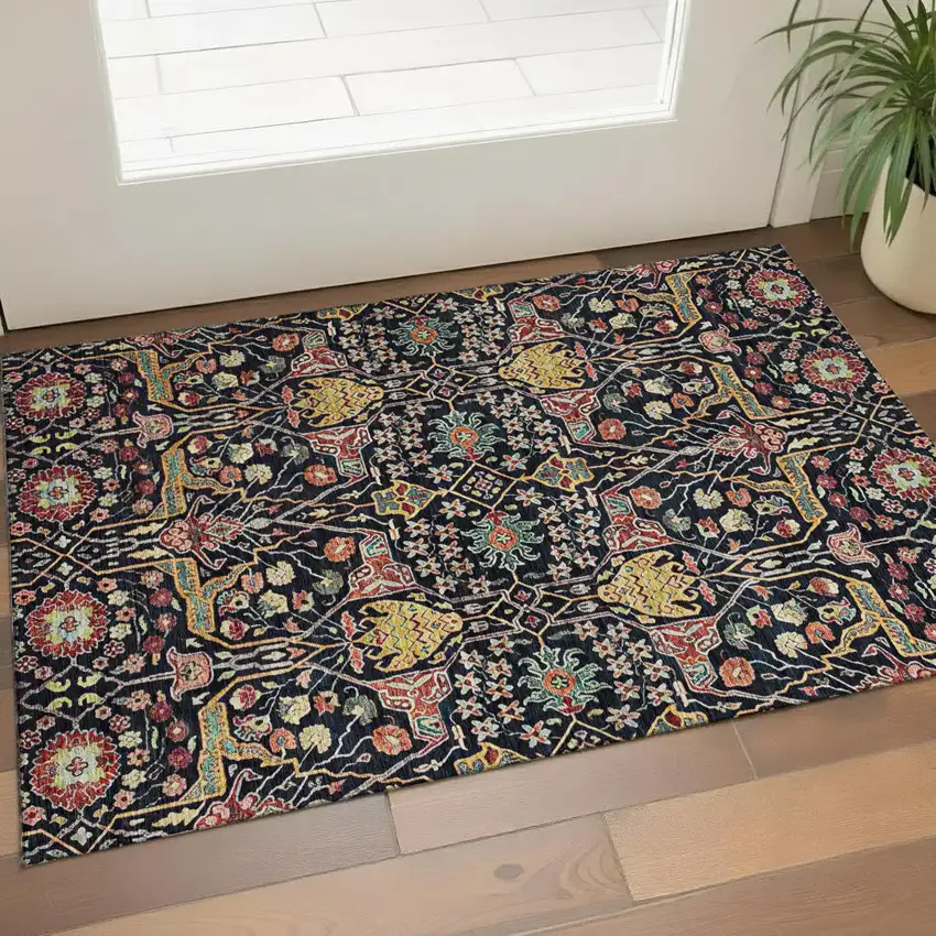 Black Gold Teal And Red Floral Washable Area Rug With UV Protection Photo 1