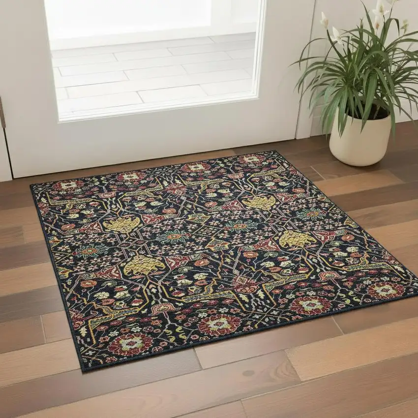 Black Gold Teal And Red Floral Washable Area Rug With UV Protection Photo 2