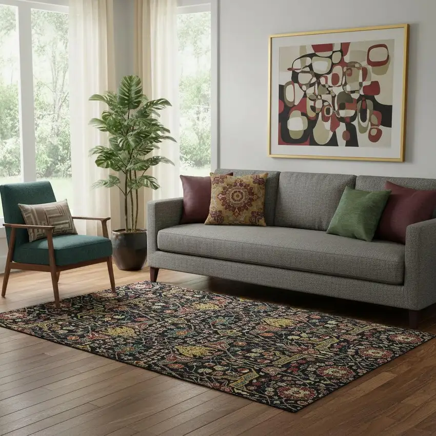 Black Gold Teal And Red Floral Washable Area Rug With UV Protection Photo 2