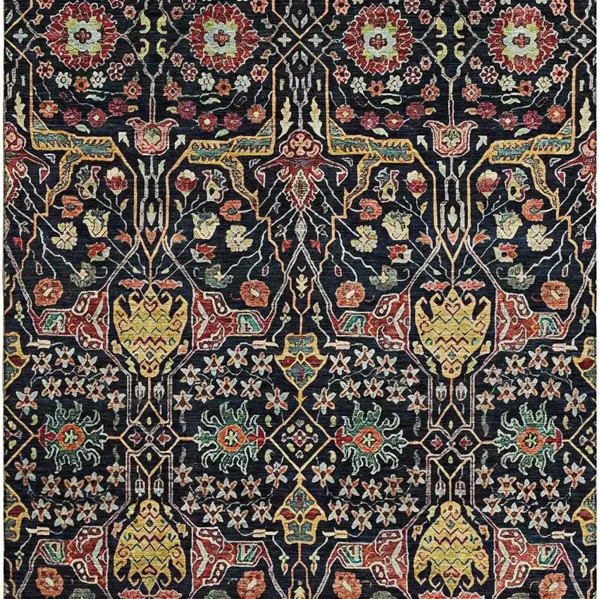 Black Gold Teal And Red Floral Washable Area Rug With UV Protection Photo 2