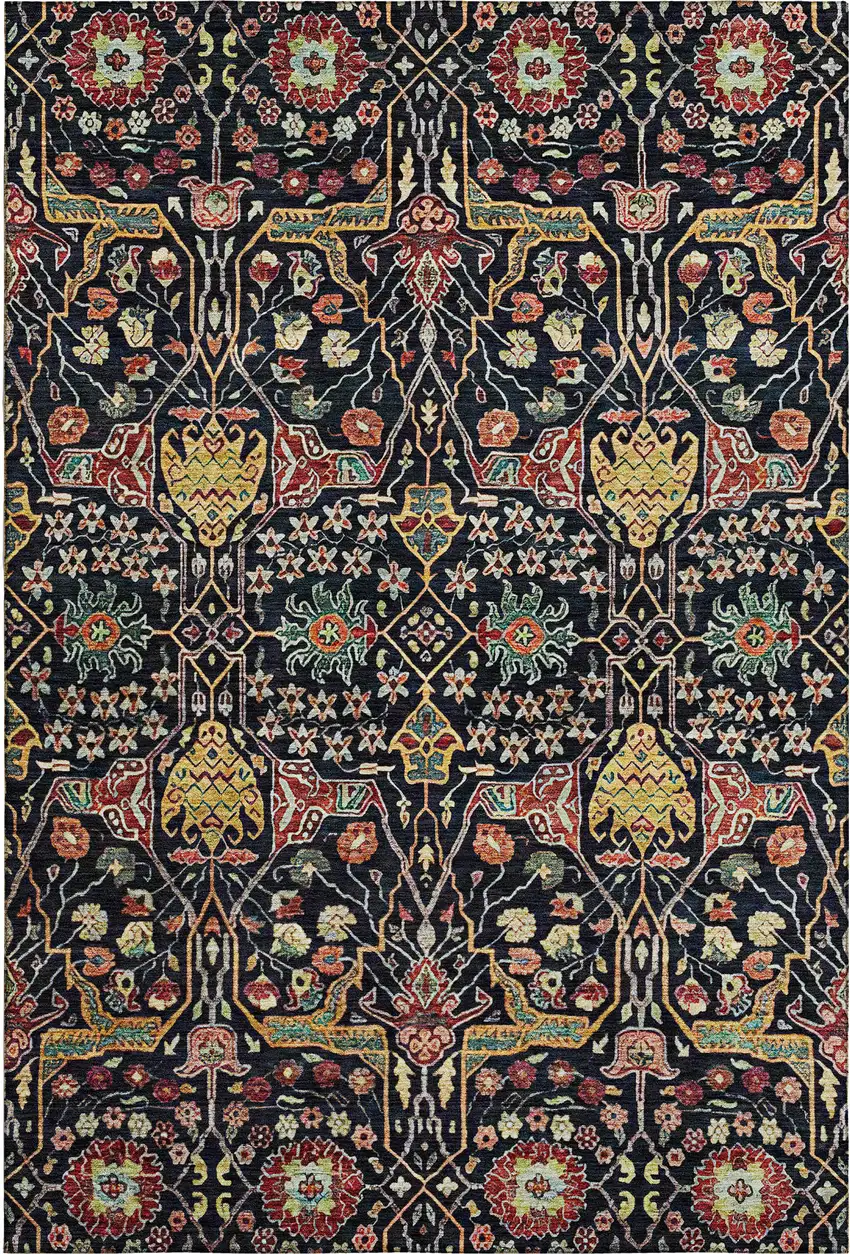 Black Gold Teal And Red Floral Washable Area Rug With UV Protection Photo 1