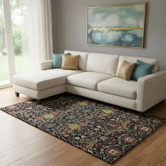 Black Gold Teal And Red Floral Washable Area Rug With UV Protection Photo 2