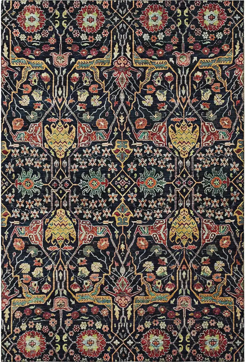 Black Gold Teal And Red Floral Washable Area Rug With UV Protection Photo 3