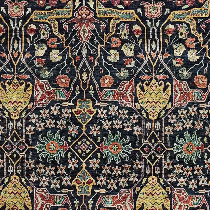 Black Gold Teal And Red Floral Washable Area Rug With UV Protection Photo 2