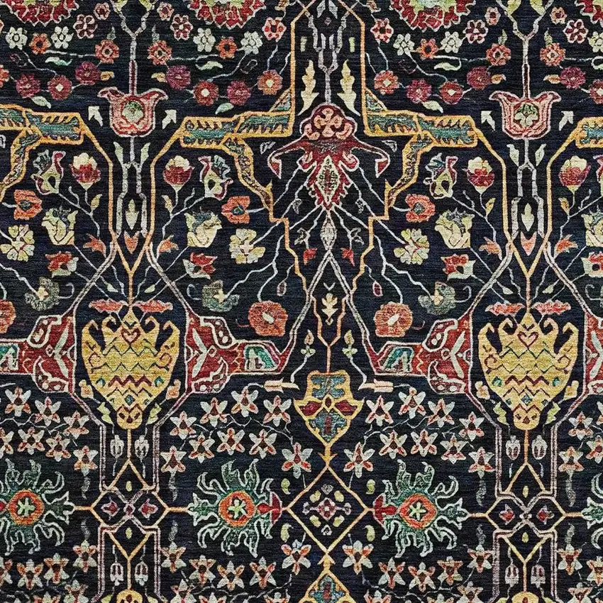 Black Gold Teal And Red Floral Washable Area Rug With UV Protection Photo 2