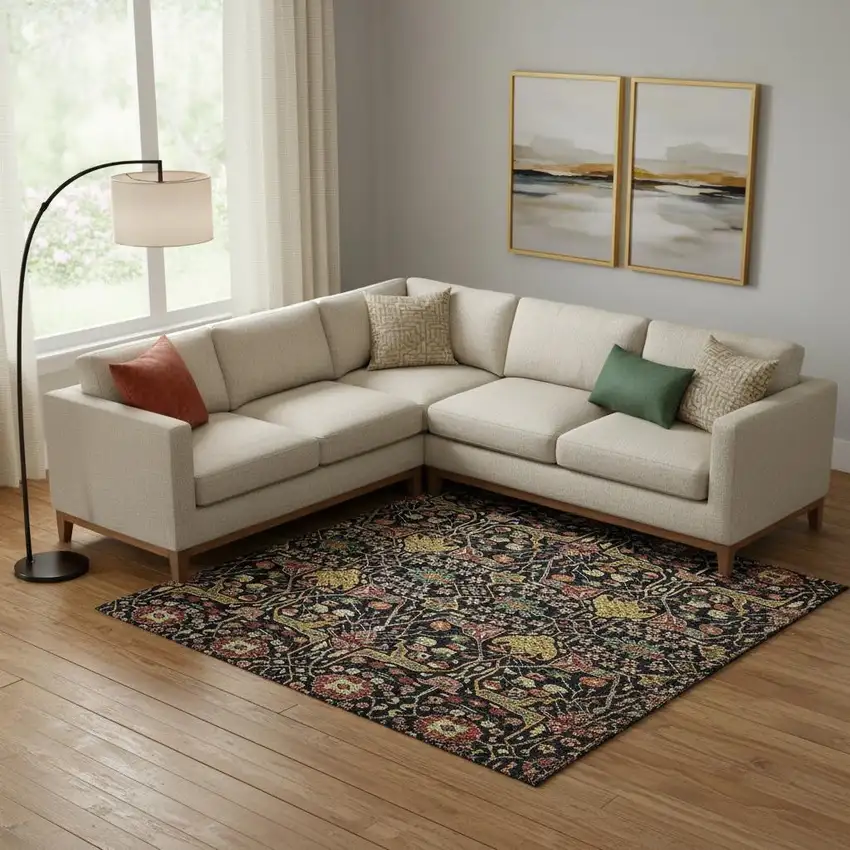 Black Gold Teal And Red Floral Washable Area Rug With UV Protection Photo 2