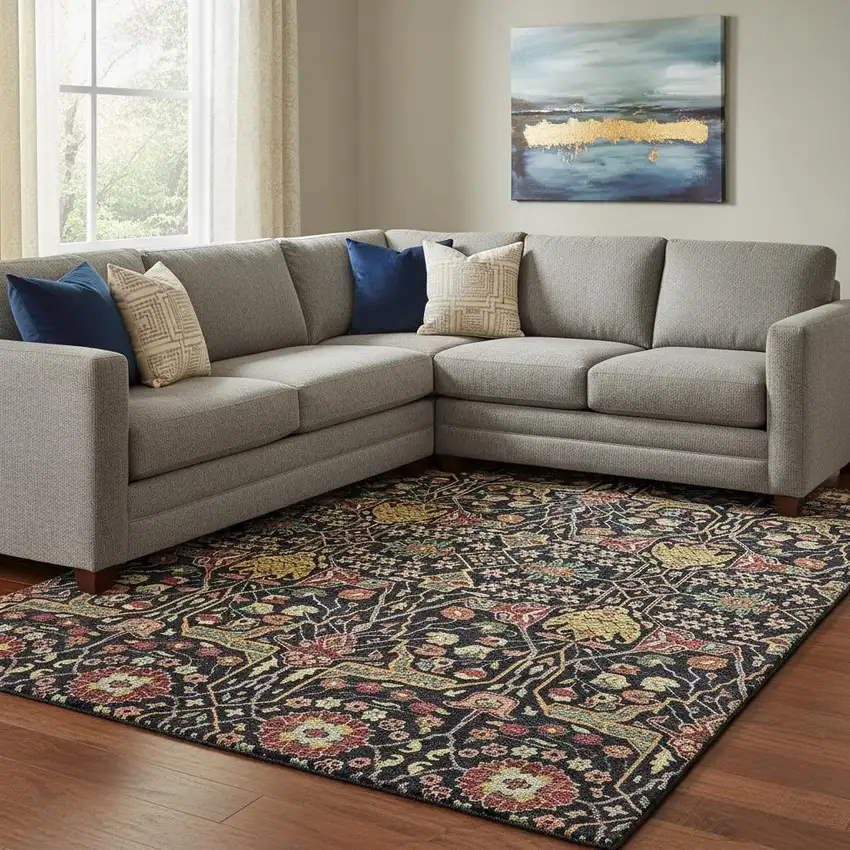 Black Gold Teal And Red Floral Washable Area Rug With UV Protection Photo 2