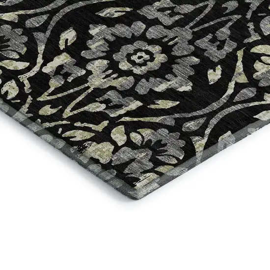 Black Gray And Beige Floral Washable Area Rug With UV Protection Photo 3