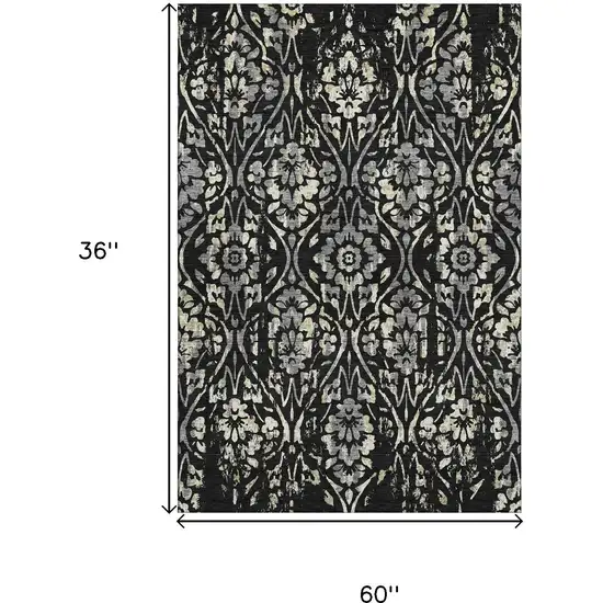 Black Gray And Beige Floral Washable Area Rug With UV Protection Photo 3