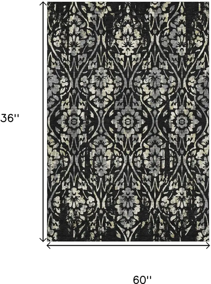 Black Gray And Beige Floral Washable Area Rug With UV Protection Photo 3