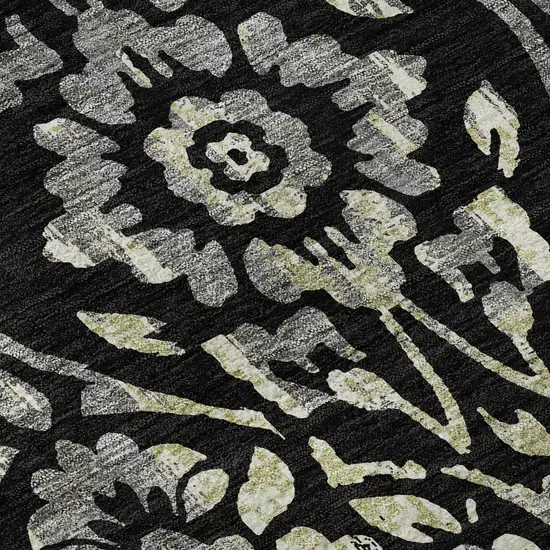 Black Gray And Beige Floral Washable Area Rug With UV Protection Photo 9