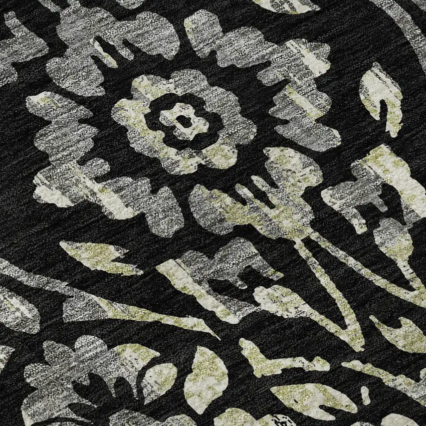 Black Gray And Beige Floral Washable Area Rug With UV Protection Photo 9
