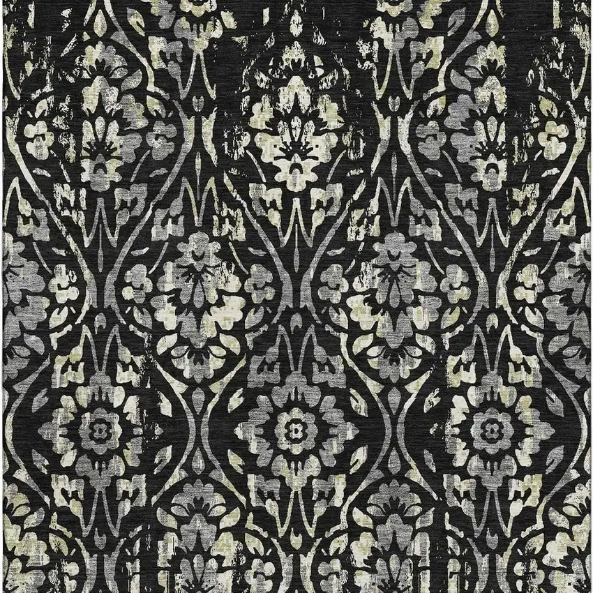 Black Gray And Beige Floral Washable Area Rug With UV Protection Photo 5