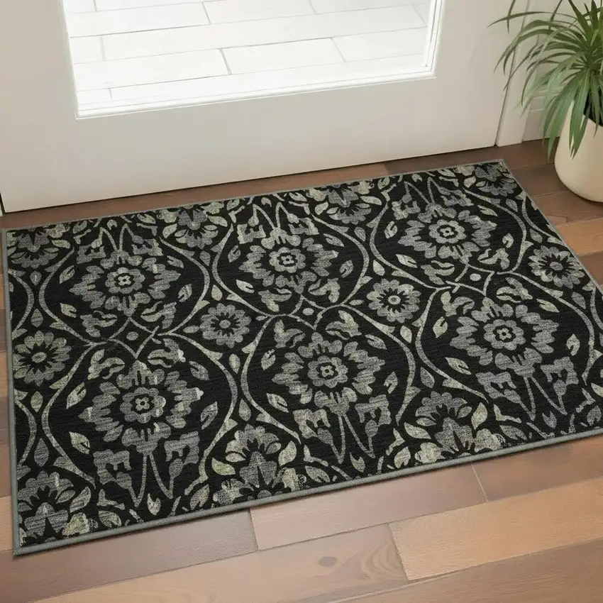 Black Gray And Beige Floral Washable Area Rug With UV Protection Photo 2