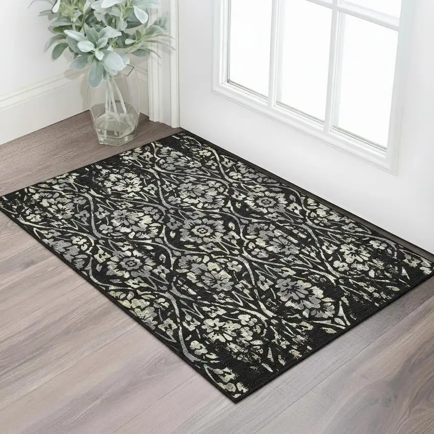 Black Gray And Beige Floral Washable Area Rug With UV Protection Photo 1