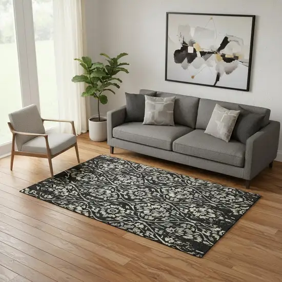 Black Gray And Beige Floral Washable Area Rug With UV Protection Photo 1