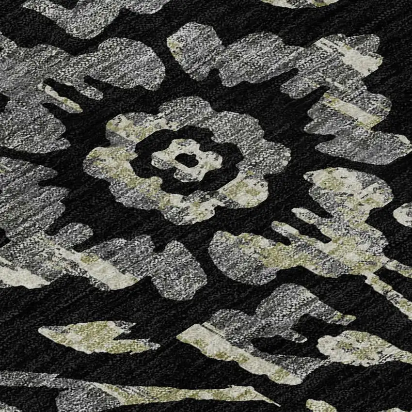 Black Gray And Beige Floral Washable Area Rug With UV Protection Photo 3