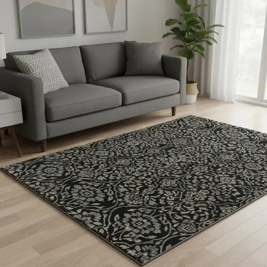 Black Gray And Beige Floral Washable Area Rug With UV Protection Photo 2