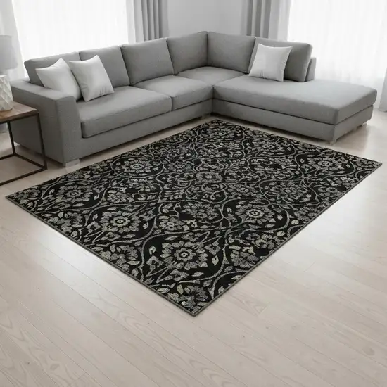 Black Gray And Beige Floral Washable Area Rug With UV Protection Photo 2