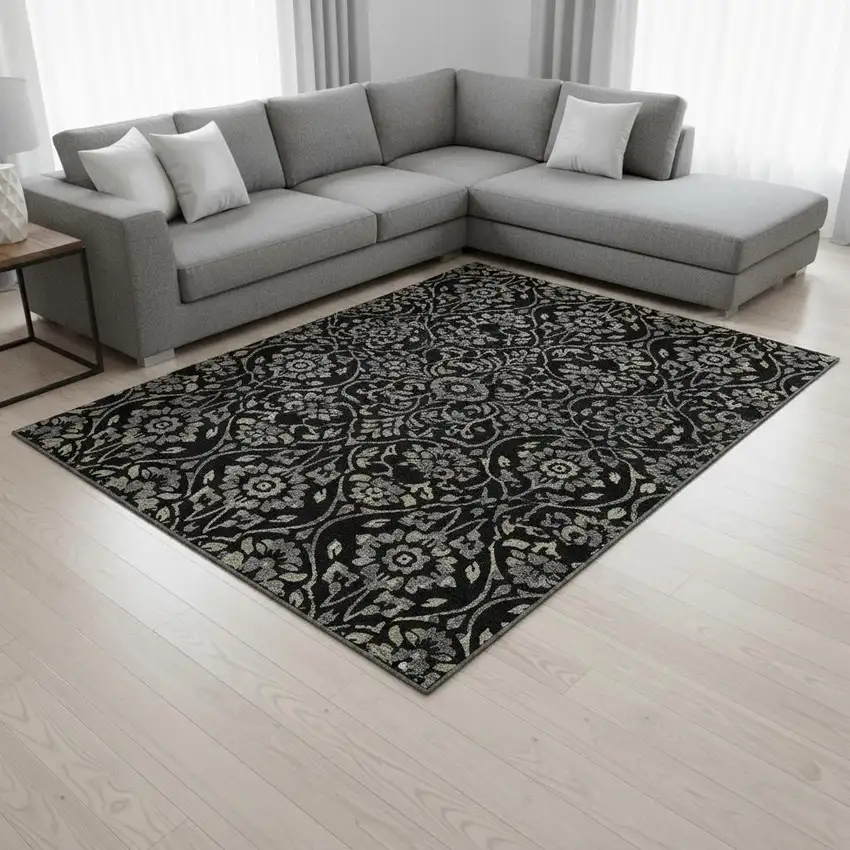 Black Gray And Beige Floral Washable Area Rug With UV Protection Photo 2
