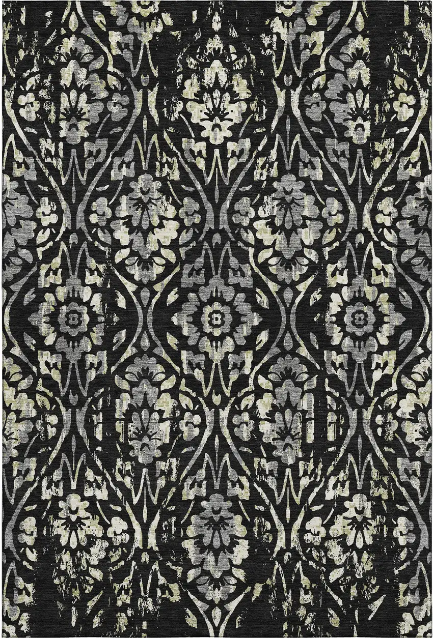 Black Gray And Beige Floral Washable Area Rug With UV Protection Photo 7