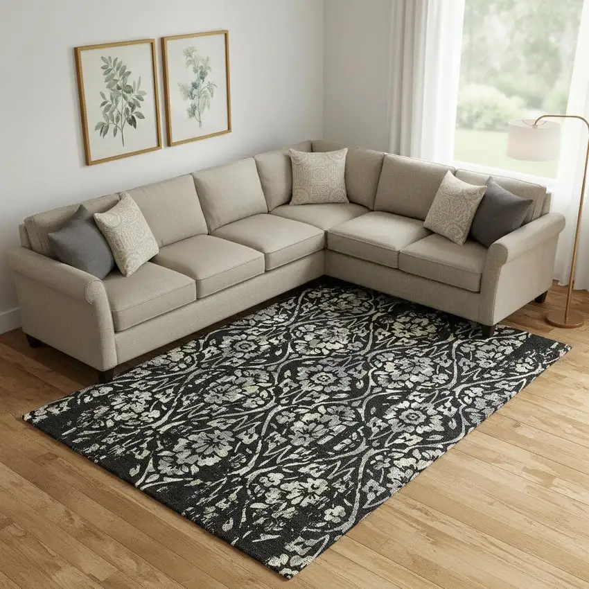 Black Gray And Beige Floral Washable Area Rug With UV Protection Photo 1