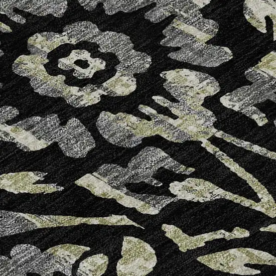 Black Gray And Beige Floral Washable Area Rug With UV Protection Photo 3