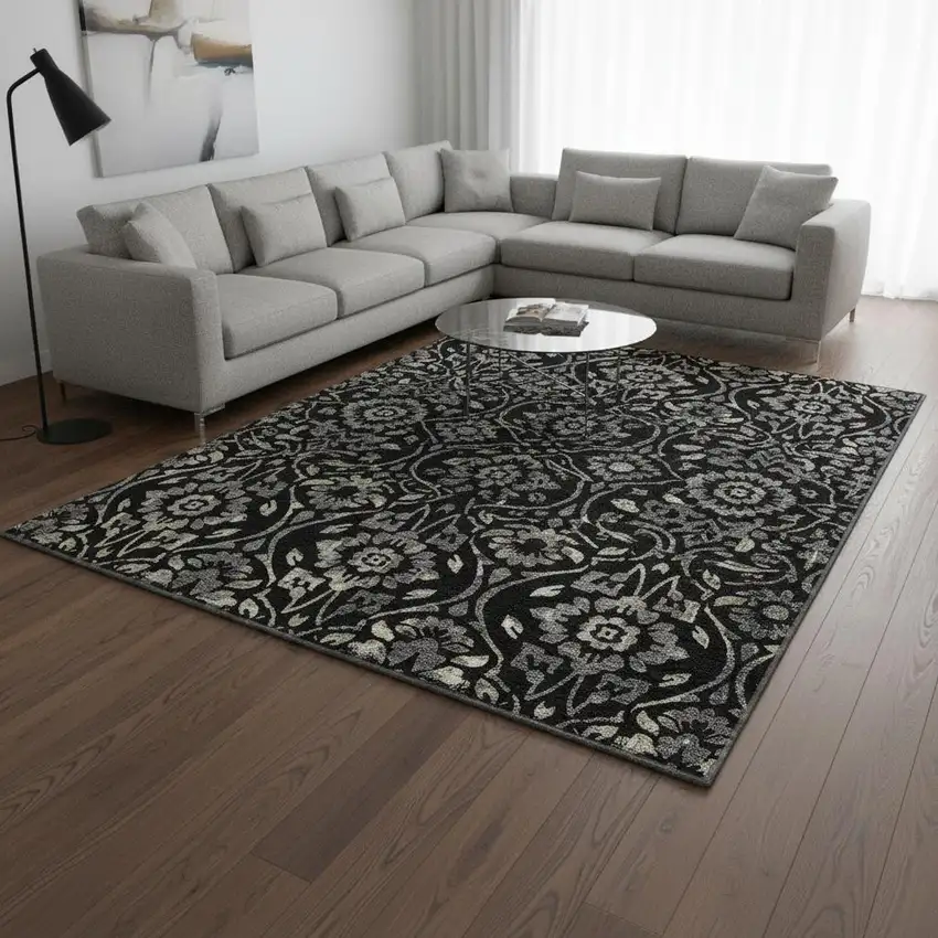 Black Gray And Beige Floral Washable Area Rug With UV Protection Photo 2