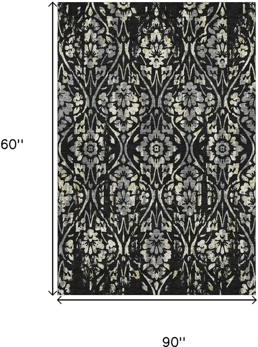 Black Gray And Beige Floral Washable Area Rug With UV Protection Photo 7
